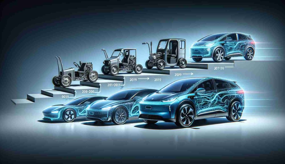 Generate a high-definition, realistic image representing the evolution of electric vehicles, portraying a transition in strategy of a leading anonymous electric car manufacturer. The image should showcase the transformation from older models to the latest ones, embodying technological advancement and change in design philosophy.