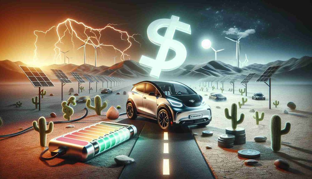 A high-detail, high-quality image displaying the challenges faced by electric vehicles, despite the advances in technology. The image should feature an electric vehicle on a road, representing the technology's innovation. Around the vehicle, symbolic representations of various challenges should be present. Possible challenges include battery life symbolized by a draining battery, access to charging stations represented by a sparse desert landscape, and cost of ownership depicted by a large dollar sign looming in the background. However, throughout the desolate environment, sprouts of emerging technologies such as solar panels and wind turbines showcase hope and sustainable future prospects.