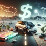 A high-detail, high-quality image displaying the challenges faced by electric vehicles, despite the advances in technology. The image should feature an electric vehicle on a road, representing the technology's innovation. Around the vehicle, symbolic representations of various challenges should be present. Possible challenges include battery life symbolized by a draining battery, access to charging stations represented by a sparse desert landscape, and cost of ownership depicted by a large dollar sign looming in the background. However, throughout the desolate environment, sprouts of emerging technologies such as solar panels and wind turbines showcase hope and sustainable future prospects.