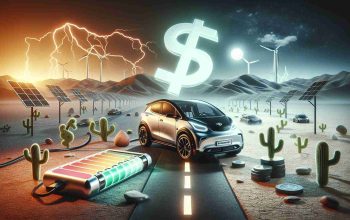 A high-detail, high-quality image displaying the challenges faced by electric vehicles, despite the advances in technology. The image should feature an electric vehicle on a road, representing the technology's innovation. Around the vehicle, symbolic representations of various challenges should be present. Possible challenges include battery life symbolized by a draining battery, access to charging stations represented by a sparse desert landscape, and cost of ownership depicted by a large dollar sign looming in the background. However, throughout the desolate environment, sprouts of emerging technologies such as solar panels and wind turbines showcase hope and sustainable future prospects.