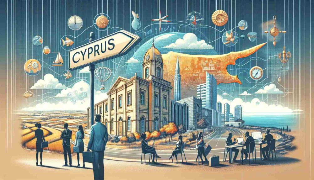 A high-quality image illustrating the concept of doing business in Cyprus. The image might contain multiple elements, perhaps a distinctive building representing the Cypriot architecture, a landscape showcasing the beautiful Cypriot surroundings. There might also be a signpost, pointing towards a prosperous future, symbolizing the potential benefits for businesses. Various people engaged in business-related activities should be portrayed, with a gender and ethnicity mix such as Caucasian male, South Asian female, Black male, and Hispanic female.