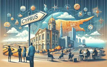 A high-quality image illustrating the concept of doing business in Cyprus. The image might contain multiple elements, perhaps a distinctive building representing the Cypriot architecture, a landscape showcasing the beautiful Cypriot surroundings. There might also be a signpost, pointing towards a prosperous future, symbolizing the potential benefits for businesses. Various people engaged in business-related activities should be portrayed, with a gender and ethnicity mix such as Caucasian male, South Asian female, Black male, and Hispanic female.