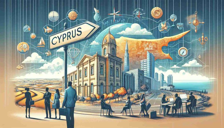 A high-quality image illustrating the concept of doing business in Cyprus. The image might contain multiple elements, perhaps a distinctive building representing the Cypriot architecture, a landscape showcasing the beautiful Cypriot surroundings. There might also be a signpost, pointing towards a prosperous future, symbolizing the potential benefits for businesses. Various people engaged in business-related activities should be portrayed, with a gender and ethnicity mix such as Caucasian male, South Asian female, Black male, and Hispanic female.