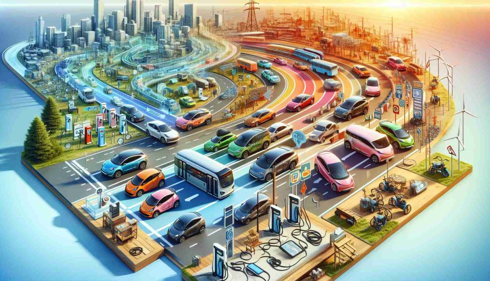 A detailed and high-definition image portraying the concept of a shifting landscape in the electric vehicle market. The image should consist of an array of assorted electric vehicles of all colors, shapes, and sizes placed on a broad highway set in a vibrant city during the day. There should be symbolic metamorphic elements such as roads turning into digital pathways, charging stations popping up on sidewalks, and old gas stations turning into renewable energy sources to epitomize the change. For diversity, include interactions among a mix of genders and descents pondering over the vehicle purchase.
