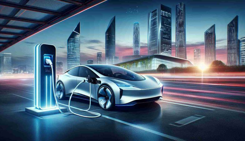 Illustrate a high-definition, high-realism image that showcases the burgeoning era of electric vehicles. Feature a sleek, modern electric car with aerodynamic design elements, charging at a high-tech station with a futuristic cityscape in the background. Bright lights and clean lines emphasize a dynamic shift in transportation, signaling a new chapter in automotive history. The sky is at twilight, signifying the transition to a new day and era.