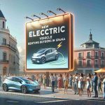 Craft an image displaying a realistic, high-definition scene of new electric vehicle promotions enticing buyers in Spain. Showcase this through bold signage, advanced electric car models, excited prospective buyers of various descents, and a backdrop hinting at Spanish architecture or a typical Spanish city scene.