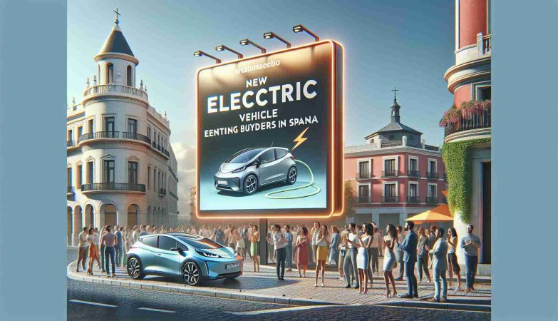 Craft an image displaying a realistic, high-definition scene of new electric vehicle promotions enticing buyers in Spain. Showcase this through bold signage, advanced electric car models, excited prospective buyers of various descents, and a backdrop hinting at Spanish architecture or a typical Spanish city scene.