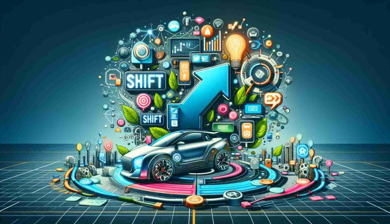 Detailed and high-definition concept illustration showcasing unique marketing strategy shift of a hypothetical electric car company. The scene may include elements such as an abstract depiction of a shift (change) sign, digital marketing tools, social media icons, eco-friendly symbols, a futuristic car model, and a web of interconnected ideas. The colors used should be vibrant to symbolize innovation and change.