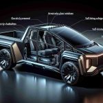 A high-definition, realistic representation of an electrically powered, futuristic pickup truck with distinctive angular design. Show enhancements like armored glass windows, self-driving capabilities, and stainless steel structure.