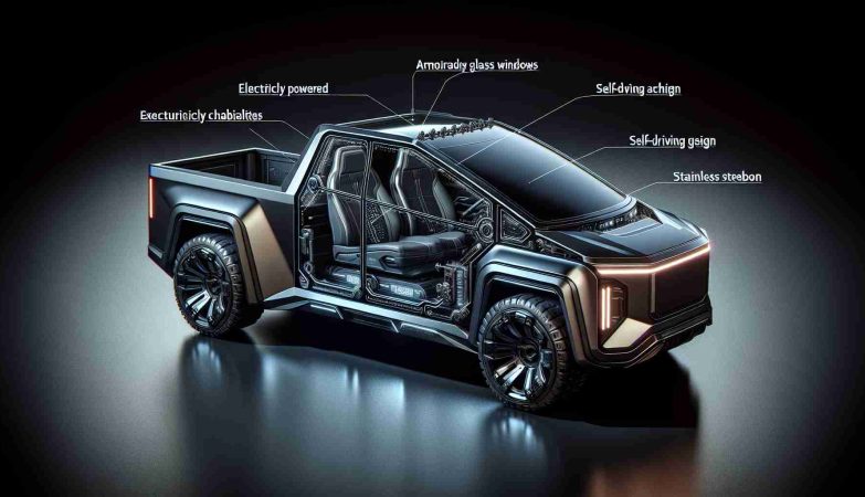 A high-definition, realistic representation of an electrically powered, futuristic pickup truck with distinctive angular design. Show enhancements like armored glass windows, self-driving capabilities, and stainless steel structure.