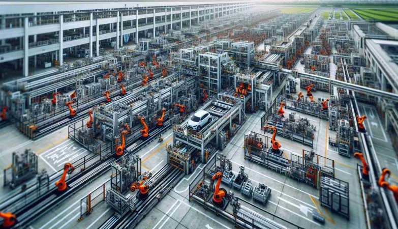 A high-definition, realistic image of a large electric car factory in Shanghai. The image captures the remarkable levels of automation within the production lines, demonstrated by arrays of robotic arms and conveyor belts which work in sync to assemble the vehicles. The factory grounds are sprawling, filled with steel structures, wide pathways, and distinct sections designated for different stages of the assembly process.