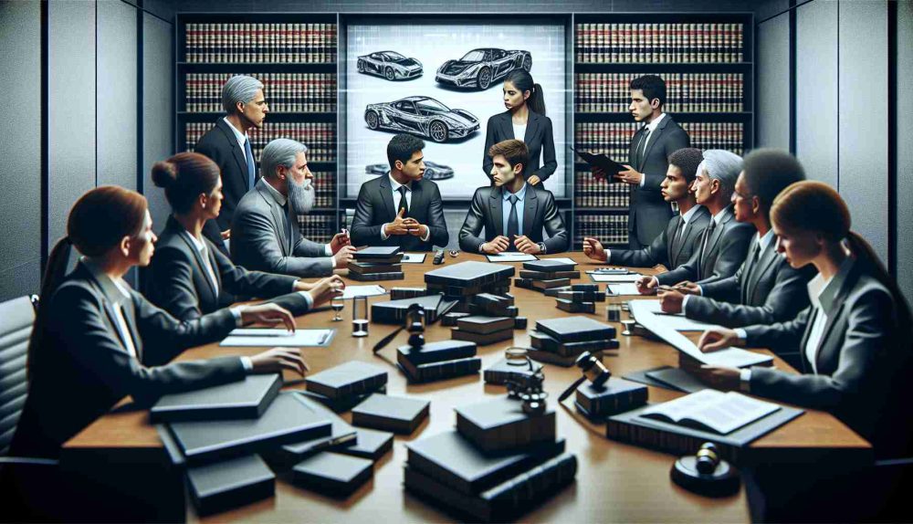 High-definition, realistic representation of a legal dispute scene involving shareholders in a technology car company. There are lawyers of different descents such as Caucasian, Hispanic, Black, Middle-Eastern, and South Asian, representing both genders. They are in a heated discussion in a sophisticated boardroom setting filled with heaps of legal documents and law books around.