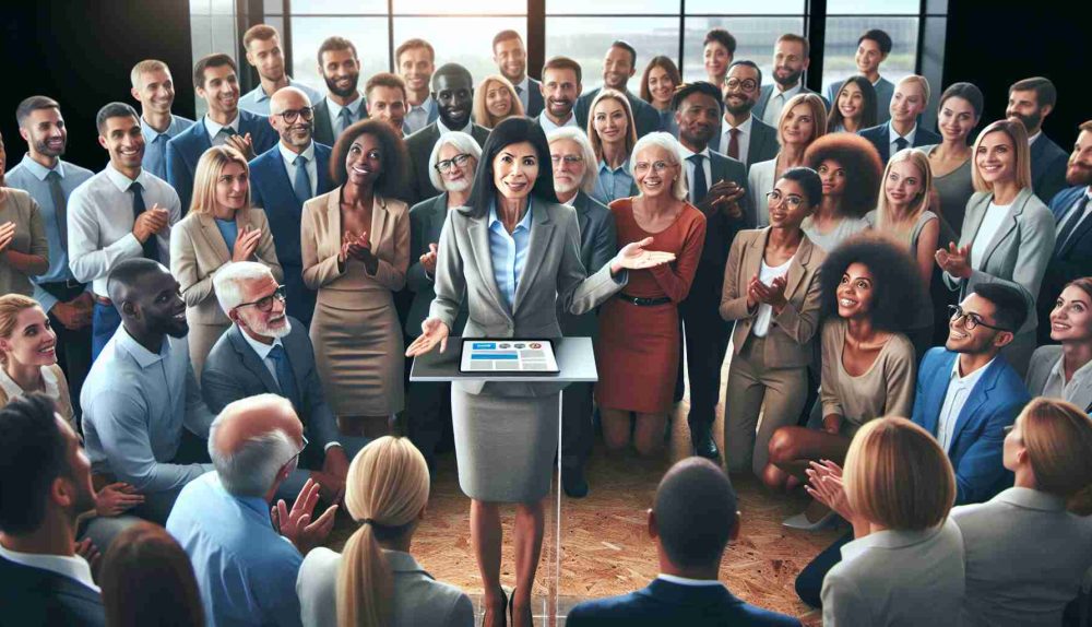 Create a high-definition image of a generic Electric Vehicle Manufacturer introducing new incentives to increase their sales in Europe. Picture a marketing event wherein a well-dressed executive unveils the promotional offers amidst a group of curious, multiracial individuals. The executive can be a middle-aged Caucasian woman and the crowd should represent a diverse mix of genders and descents including Black, Hispanic, Middle-Eastern, South Asian, and White individuals.