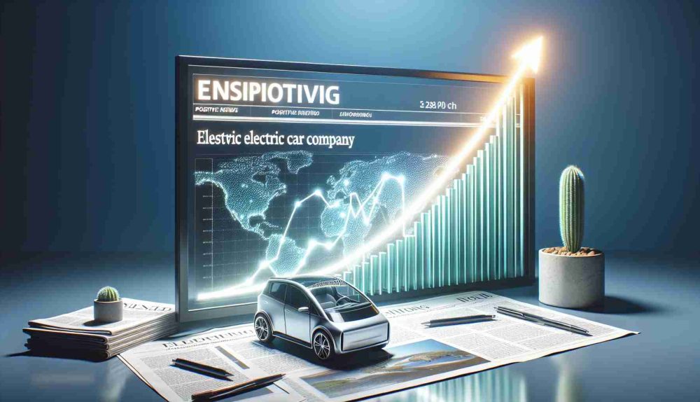 Realistic high-definition image representing the growth of an innovative electric car company, symbolized by a graph showing an upward trend. The scene is complimented by a newspaper headline reading 'Positive News for Electric Car Company'