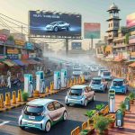 A high-definition, realistic image of India transitioning its focus to electric vehicles. This shift shows an evolving landscape of the country's transport infrastructure amidst delays by prominent electric car manufacturers. The scene captures busy streets with charging stations replacing fuel stations, electric cars taking over the roads, and billboards advertising the advantages of going green. Traditional Indian elements, such as colorful buildings, local vegetation, bustling marketplaces, are blended into this progressive picture.