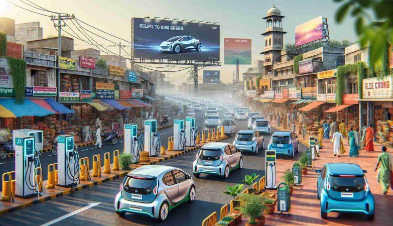 A high-definition, realistic image of India transitioning its focus to electric vehicles. This shift shows an evolving landscape of the country's transport infrastructure amidst delays by prominent electric car manufacturers. The scene captures busy streets with charging stations replacing fuel stations, electric cars taking over the roads, and billboards advertising the advantages of going green. Traditional Indian elements, such as colorful buildings, local vegetation, bustling marketplaces, are blended into this progressive picture.