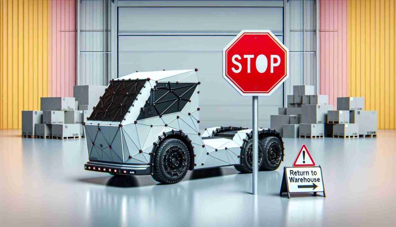 High-definition image portraying a setback for an unnamed electric vehicle manufacturing company with their futuristic, polygonal-shaped electric truck model. The image may include the truck in a visually appealing but realistic setting with symbolic elements to represent the recall, such as a large red 'stop' sign, or a 'return to warehouse' signage.