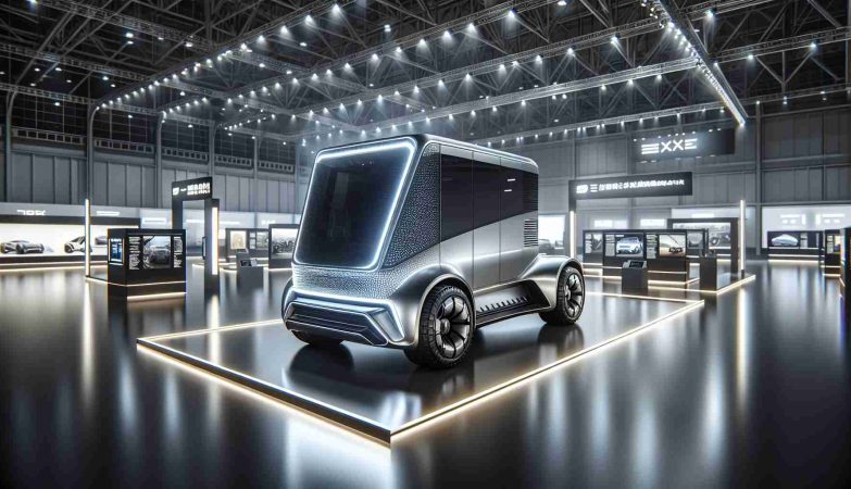 Create a realistic, high-definition image of a futuristic, electric utility vehicle. It should be visibly robust and constructed from a reflective, metallic surface, akin to the higher-end versions of modern electric trucks. The vehicle is parked in an open showroom with bright lights illuminating its unique body structure. Around it, there should be information boards and displays showcasing the advanced features and specifications of the vehicle. Please refrain from including any identifiable logos or brand names on the vehicle or in the scene.