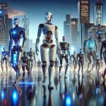 Illustrate a high-definition, realistic scene depicting the revolution of machines. The scene features autonomous robots of various designs and sizes. Some are humanoid with polished metal surfaces reflecting the surrounding light, others are more abstract, showcasing innovative technologies. They are moving with purpose, interacting with technology interfaces, and showing signs of advanced intelligence. The backdrop is an ultra-modern cityscape, filled with sleek, towering buildings and vibrant lights. The sky is hued with twilight, accentuating the luminosity of the neon city lights and the glow emanating from the machines.