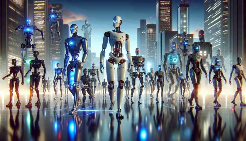 Illustrate a high-definition, realistic scene depicting the revolution of machines. The scene features autonomous robots of various designs and sizes. Some are humanoid with polished metal surfaces reflecting the surrounding light, others are more abstract, showcasing innovative technologies. They are moving with purpose, interacting with technology interfaces, and showing signs of advanced intelligence. The backdrop is an ultra-modern cityscape, filled with sleek, towering buildings and vibrant lights. The sky is hued with twilight, accentuating the luminosity of the neon city lights and the glow emanating from the machines.