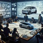 High-definition, realistic image of various electric vehicle manufacturers grappling with new regulatory challenges. Show some of the manufacturers in a meeting room, discussing blueprints and sketches of their designs strewn across a large table, reflecting concern and focus. On a digital screen in the background, graphically display concepts like emissions standards, safety tests, and battery efficiency. The room is filled with individuals of diverse genders and descents including Hispanic, Caucasian, Black, Middle-Eastern, and South Asian emphasizing the global involvement in the electric vehicle industry.