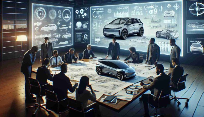 High-definition, realistic image of various electric vehicle manufacturers grappling with new regulatory challenges. Show some of the manufacturers in a meeting room, discussing blueprints and sketches of their designs strewn across a large table, reflecting concern and focus. On a digital screen in the background, graphically display concepts like emissions standards, safety tests, and battery efficiency. The room is filled with individuals of diverse genders and descents including Hispanic, Caucasian, Black, Middle-Eastern, and South Asian emphasizing the global involvement in the electric vehicle industry.