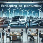 High-definition photo of a banner advertising exhilarating job opportunities at a modern electric car company known for its innovation and technological advancements. The scene includes the company's logo and some of its state-of-the-art facilities with passionate professionals of diverse genders and descents enthusiastically working on various projects in the background.