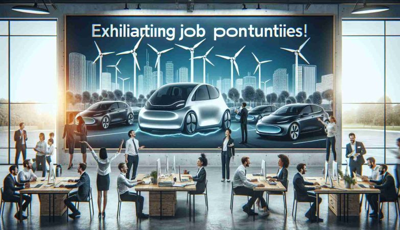 High-definition photo of a banner advertising exhilarating job opportunities at a modern electric car company known for its innovation and technological advancements. The scene includes the company's logo and some of its state-of-the-art facilities with passionate professionals of diverse genders and descents enthusiastically working on various projects in the background.