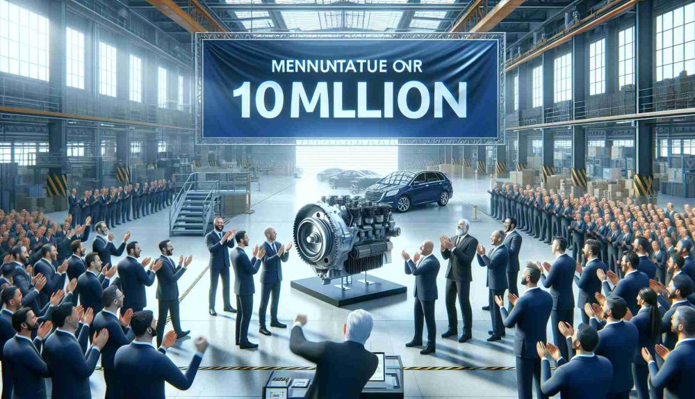 High definition realistic visual of a benchmark celebration event at a car manufacturing company, marked by the manufacture of their 10-millionth electric motor. The scene includes executives and workers cheering, a large banner with the milestone number, and a showcase of the said electric motor.