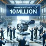 High definition realistic visual of a benchmark celebration event at a car manufacturing company, marked by the manufacture of their 10-millionth electric motor. The scene includes executives and workers cheering, a large banner with the milestone number, and a showcase of the said electric motor.