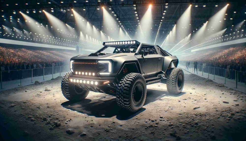 Generate a high-definition, realistic image of a revolutionary off-road vehicle, created by an anonymous yet leading performance vehicle company. The vehicle should inspire a sense of awe with its state-of-the-art design, featuring rugged construction that allows it to handle any terrain with power and grace. The design should communicate the blend of performance, durability, and advanced automotive technology. It should be set in a backdrop where it's just been unveiled at a large automotive exposition, with floodlights bathing it in light and a crowd of excited spectators in the background.