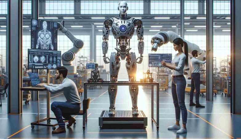 High-definition, realistic image of innovative humanoid robotics, set in a non-branded workspace dedicated to automotive technology. The scene can feature a Caucasian female engineer making adjustments to the robot's frame, a South Asian male engineer monitoring data on a computer screen, and a robotic arm in the background. The humanoid robot itself stands at its full height, showcasing futuristic design, possibly inspired by science fiction, with advanced joints, metallic surface, and LED lights.