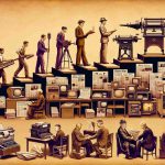 An image capturing the evolution of journalism, starting from vintage printing presses and newspapers, transitioning to radio and television reports, and finally culminating to digital news on computers and smartphones. The depth of the picture should reflect the historical transformation, illustrating how traditional methods have been progressively replaced with newer technologies. Each step in the evolution process should visually convey the essence of its era, maintaining a realistic style throughout the entire image. Finally, the image should be in high-definition to capture the intricate details of each era.