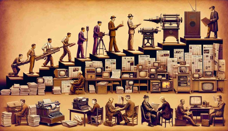 An image capturing the evolution of journalism, starting from vintage printing presses and newspapers, transitioning to radio and television reports, and finally culminating to digital news on computers and smartphones. The depth of the picture should reflect the historical transformation, illustrating how traditional methods have been progressively replaced with newer technologies. Each step in the evolution process should visually convey the essence of its era, maintaining a realistic style throughout the entire image. Finally, the image should be in high-definition to capture the intricate details of each era.