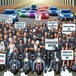 Create a realistic, high-definition image depicting a group of motorcycle safety advocates of various descents and genders. They are gathered together, holding banners and placards with phrases calling for stricter regulations on autonomous vehicles. The scene is diverse, with men and women from Caucasian, Hispanic, Black, Middle-Eastern, and South Asian backgrounds passionately advocating for motorcycle safety. The setting is in a city with autonomous vehicles driving by, emphasizing the group's message.