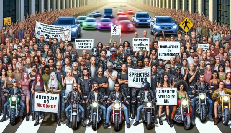 Create a realistic, high-definition image depicting a group of motorcycle safety advocates of various descents and genders. They are gathered together, holding banners and placards with phrases calling for stricter regulations on autonomous vehicles. The scene is diverse, with men and women from Caucasian, Hispanic, Black, Middle-Eastern, and South Asian backgrounds passionately advocating for motorcycle safety. The setting is in a city with autonomous vehicles driving by, emphasizing the group's message.