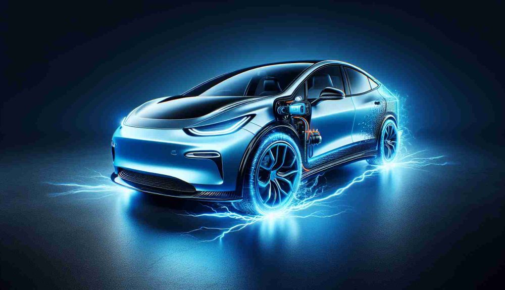 A detailed, high-definition image showcasing an innovative, modern electric car. The vehicle emanates an aura of advanced technology and affordability, symbolizing its shock to the market with an unbeatable price. The car should have a sleek design, marked by smooth curves and aerodynamic lines. Its color should be a vibrant shade of blue, reflecting its energetic and environmentally friendly nature. Its headlights are clear and bright, while its tires are sturdy and black. There should be visible shockwaves around the vehicle to indicate the impact it has created in the market.