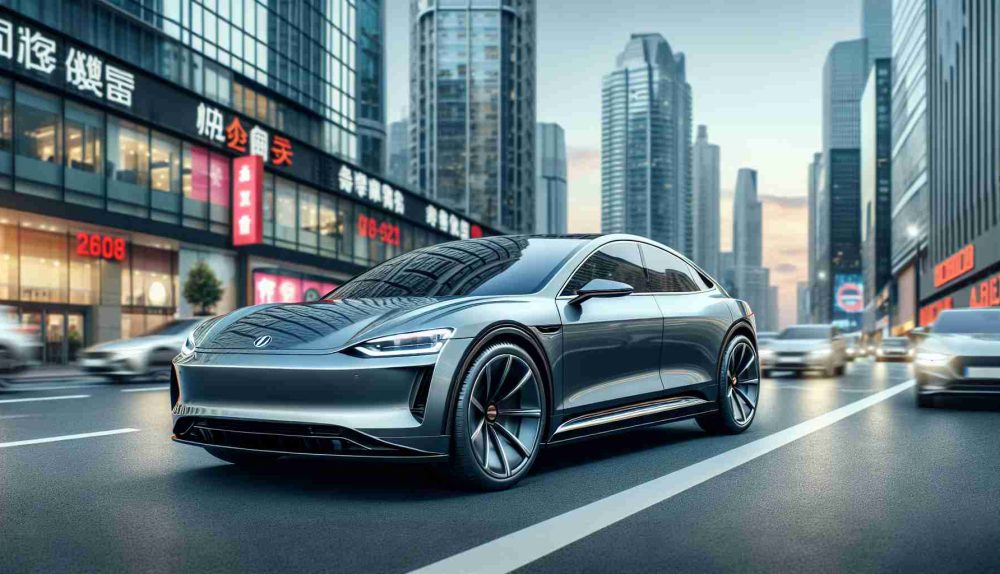 High definition image of a sleek, contemporary luxury electric vehicle, bearing attributes akin to the German auto manufacturing style, seen in the streets against a bustling city landscape, showcasing the robust competition within the electric vehicle market.