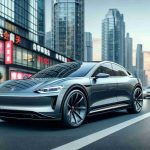 High definition image of a sleek, contemporary luxury electric vehicle, bearing attributes akin to the German auto manufacturing style, seen in the streets against a bustling city landscape, showcasing the robust competition within the electric vehicle market.