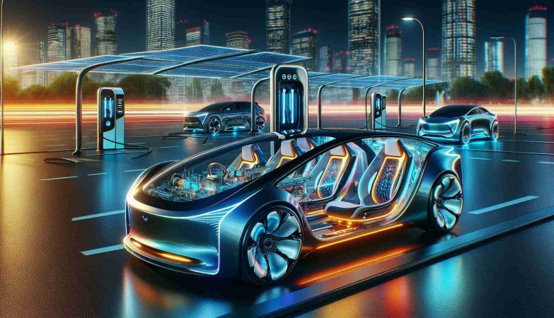 A highly detailed, realistic picture of modern electric vehicles representing a new era in transportation. The image showcases sleek and stylish futuristic designs, with radiant colors reflecting off of their polished bodies under bright city lights. Intricate interiors exuding luxury and practicality would be visible through transparent windows. In the background, charging stations and solar-powered infrastructure are subtly depicted, symbolizing the progression towards renewable energy. The setting should evoke a feeling of ultimate driving experience, merging technology and sustainability for a cleaner and more efficient future.