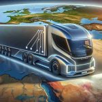 Realistic high-definition image of a futuristic semi-truck, inspired by electric vehicle designs, embarking on a journey beyond the confines of Europe, reaching new destinations and venturing into unexplored terrains. The truck should have a sleek, aerodynamic design, with subtle lines highlighting its environmentally friendly propulsion system. The backdrop should depict diverse landscapes, representing regions outside Europe, to both challenge and enhance the truck's pioneering spirit.