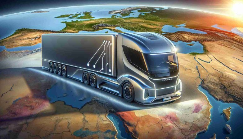 Realistic high-definition image of a futuristic semi-truck, inspired by electric vehicle designs, embarking on a journey beyond the confines of Europe, reaching new destinations and venturing into unexplored terrains. The truck should have a sleek, aerodynamic design, with subtle lines highlighting its environmentally friendly propulsion system. The backdrop should depict diverse landscapes, representing regions outside Europe, to both challenge and enhance the truck's pioneering spirit.