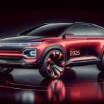 Produce a high-definition, realistic image of an imagined 2025 model of a red, compact electric SUV. Emphasize its sleek design and futuristic features, remembering to highlight advancements in technology and innovations in the automotive field.