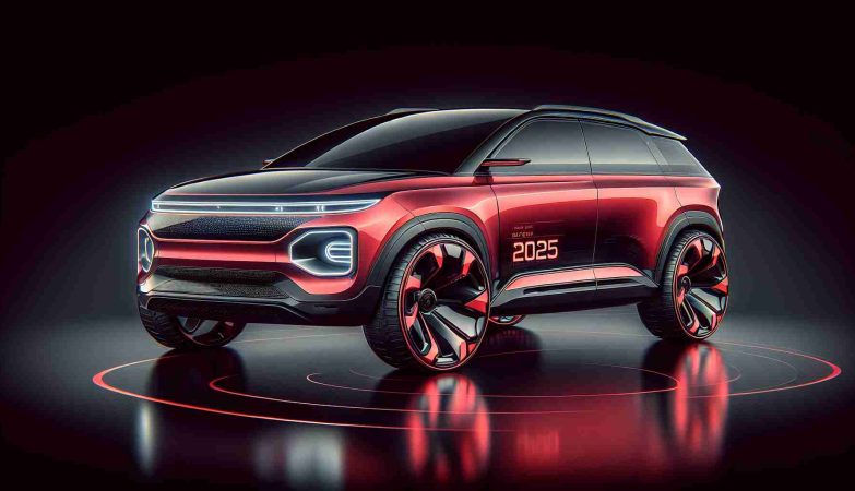 Produce a high-definition, realistic image of an imagined 2025 model of a red, compact electric SUV. Emphasize its sleek design and futuristic features, remembering to highlight advancements in technology and innovations in the automotive field.