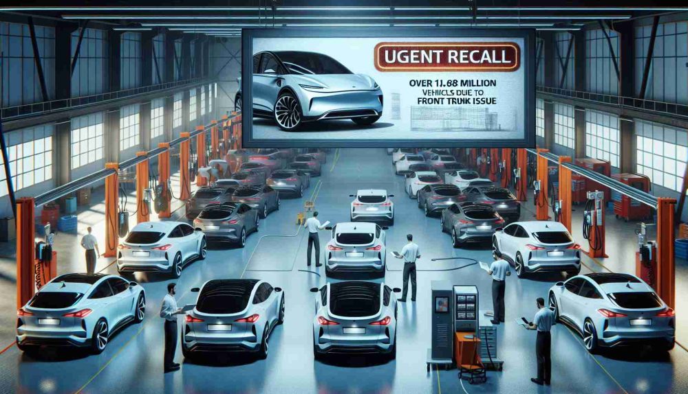 Create a realistic high-definition image showcasing a scene from an automobile service center, overwhelmed with modern electric cars. Add a prominent display board showing the notice 'Urgent Recall: Over 1.68 Million Vehicles Due to Front Trunk Issue'. Ensure that the main focus is on the cars' front trunks being checked and serviced by technicians.