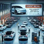 Create a realistic high-definition image showcasing a scene from an automobile service center, overwhelmed with modern electric cars. Add a prominent display board showing the notice 'Urgent Recall: Over 1.68 Million Vehicles Due to Front Trunk Issue'. Ensure that the main focus is on the cars' front trunks being checked and serviced by technicians.