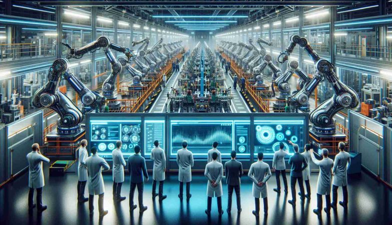 A high-definition, realistic illustration showcasing the future of robotics. The image includes a busy robotic assembly line inside a state-of-the-art factory, with autonomous robots diligently working. Each robotic arm, intricate and precise, operates without human intervention, signifying the revolution of automation. Bright lights illuminate the advanced machinery. On a wall, a futuristic digital monitor displays real-time analytics, representing advances in AI computing. Researchers of diverse descents and genders, some standing and some seated, are observing the process, their expressions filled with awe and curiosity, symbolizing the progress in robotics and AI that's shaping our future.