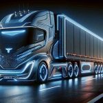 Generate an HD quality image of a futuristic electric semi-truck, modeled after typical designs you might see on European roads. The truck should have stylish, sleek features and radiate innovation, much like the designs we commonly associate with electric vehicle manufacturers. It is ideally dominating the road, representing the revolution it brings to European market. LED lights, aerodynamic shape, and large windscreen are few key design elements. Please remember, this truck should not resemble any specific brand of trucks but merely evoke the forward-thinking design aspects and technological advancements of today's electric automotive industry.