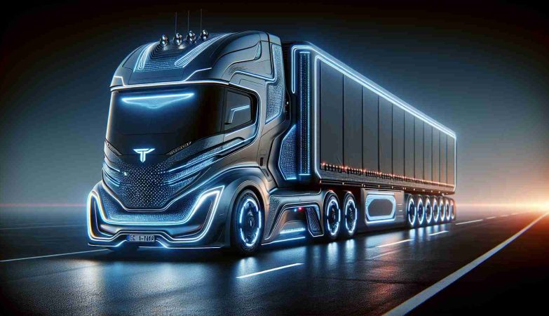 Generate an HD quality image of a futuristic electric semi-truck, modeled after typical designs you might see on European roads. The truck should have stylish, sleek features and radiate innovation, much like the designs we commonly associate with electric vehicle manufacturers. It is ideally dominating the road, representing the revolution it brings to European market. LED lights, aerodynamic shape, and large windscreen are few key design elements. Please remember, this truck should not resemble any specific brand of trucks but merely evoke the forward-thinking design aspects and technological advancements of today's electric automotive industry.