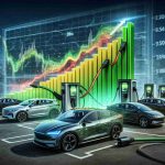 A realistic, high-definition illustration showcasing the changing landscape of resale values for electric vehicles. Picture a graph that dynamically shows the fluctuations in resale value of electric vehicles over time. The bars or lines of the graph change colors from green to yellow and then to red, indicating an increase, stabilization, and decrease respectively. Scatter different models of electric vehicles around the image for visual representation. Use an urban backdrop with charging stations, symbolizing the widespread use of electric vehicles.